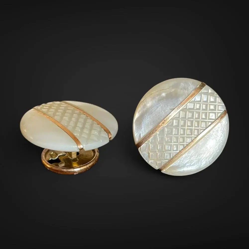 Vintage Art Deco Mother of Pearl Cufflinks Carved Geometric Gold Tone Round